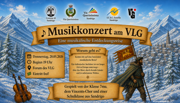 Kommt mit auf eine musikalische Entdeckungsreise!
Die Klasse 7mu, der Vincents-Chor und eine Schulklasse aus Sandrigo laden zu einer musikalischen Entdeckungsreise ein. Im Mittelp…